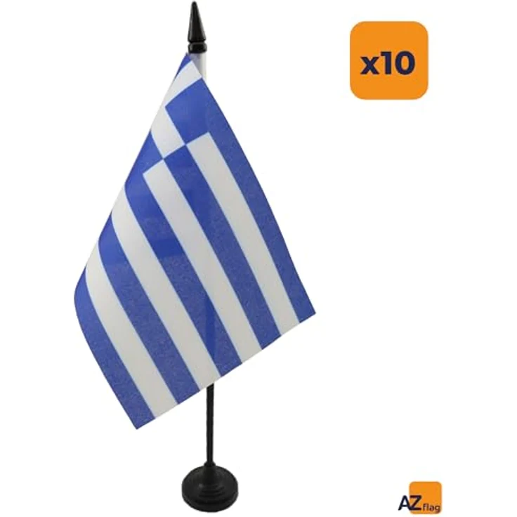 AZ FLAG - 10 Tischflagge Griechenland – 15 x 10 cm – 10 griechische Mini-Flaggen für Büro, 100% Polyester, mit Fahnenstange von 25 cm und Sockel aus schwarzem Kunststoff – Bild 2