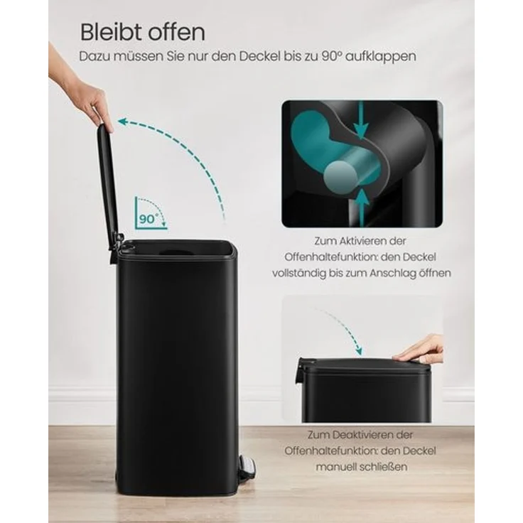 Songmics Mülleimer mit Inneneimer, Softclose & Offenhaltefunktion, Stahl tintenschwarz, 34 x 28,5 x 54,4 cm, 30 Liter – Bild 4