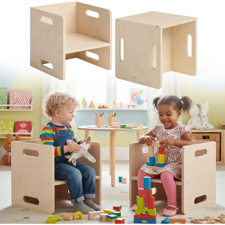 Bellabino 'Aki' 2in1 Kindersitzgarnitur aus Stuhl und Tisch, natur, Birke Sperrholz, Kinderstuhl mit 3 Sitzhöhenstufen, 2er-Set