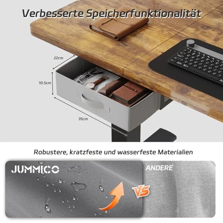 JUMMICO Höhenverstellbarer Elektrischer Stehtisch 140 x 80 cm mit Schublade und Haken – Höhenverstellbarer Sitz-Steh-Tisch mit Stabilem Stahlrahmen, Breiter Stehtisch für das Homeoffice, Braun – Bild 5