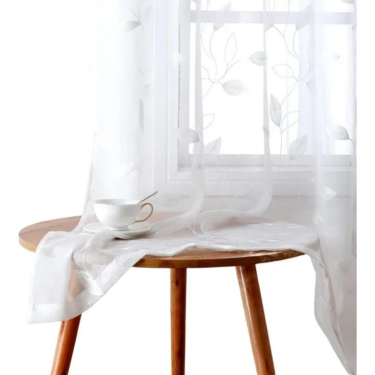 Agger Vorhang Leinen Voile Vorhänge, halbtransparente Blumenvorhänge, Blätter-Stickerei Vorhänge, geeignet für Schlafzimmer und Wohnzimmer