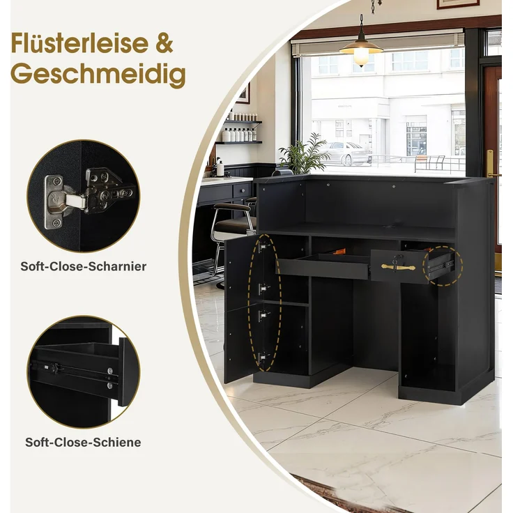BarberPub Empfangstheke mit 2 Schubladen & 3 Schränken, Empfangstisch Abschließbar, Empfangstresen Holz, Rezeptionstisch Rezeptionstheke Kassentheke für Friseursalon, 53 x 120 x 110 cm, R9773(Schwarz-Gold) – Bild 6