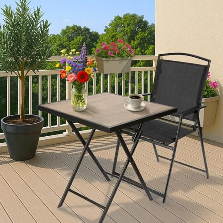 BRUBAKER Gartentisch Bergamo - 58 x 58 cm Balkontisch mit Holz Optik - Wetterfest (1-St, Klapptisch für Balkon, Terrasse - Bistrotisch), Metall Beistelltisch klappbar - Campingtisch eckig – Bild 8