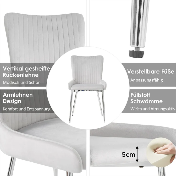 Merax Samt-Esszimmerstuhl, 4er-Set, luxuriös, Wohnzimmer, Schlafzimmer, Lounge-Stuhl mit vier Silberne Metallstützbeinen, Lendenwirbelstütze, Grau – Bild 5