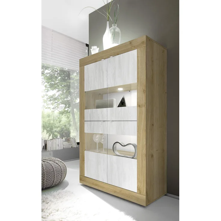 Vitrine >Belinda< in Eiche Cadiz / Weiss - 102x162x43cm (BxHxT)