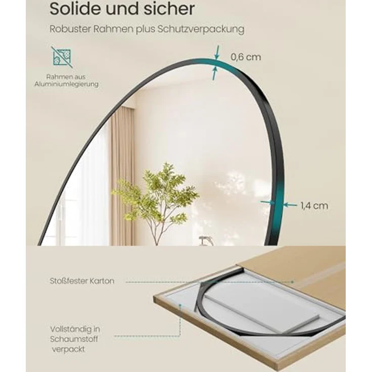 SONGMICS Ganzkörperspiegel, 160x50 cm, gewölbter Standspiegel, Rahmen aus Aluminiumlegierung, Hartglas, abgerundete Ecke, für Schlafzimmer, Wohnzimmer, Garderobe, tintenschwarz LFM051BD01 – Bild 7