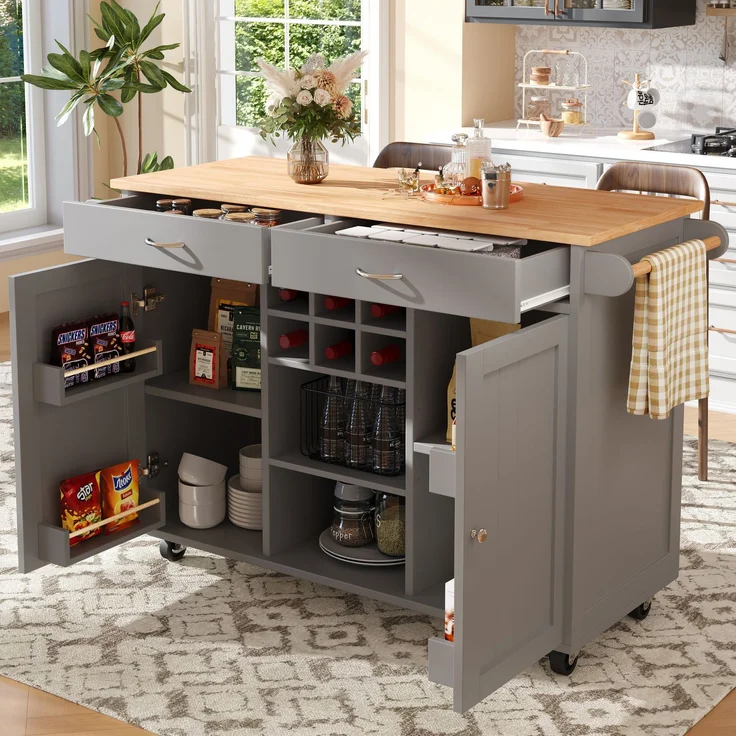 Kücheninsel Grau mit klappbarem Arbeitsbereich, multifunktionaler Esszimmerwagen, MDF-Tischplatte mit Holzmaserung, Zinkgriff,Weinregal und 360°Lenkrollen – Bild 2