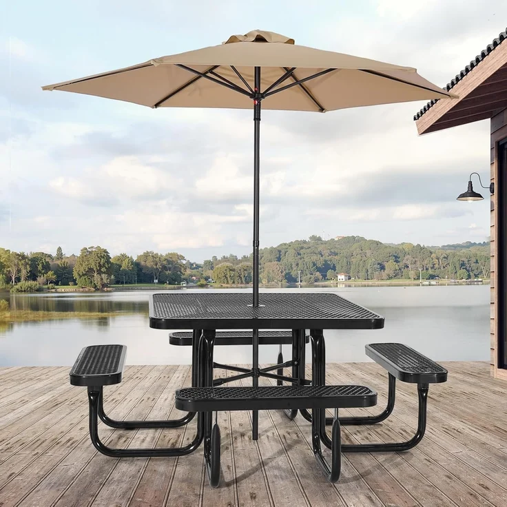 VEVOR Picknicktisch (quadratisch) mit 4 Bänken Sitzgarnitur, wetterfestes Gartenmöbel-Set für Terrasse, beschichtete Stahltische mit Loch für Schirm, Gartengarnitur für Hinterhof Veranda (schwarz) – Bild 2