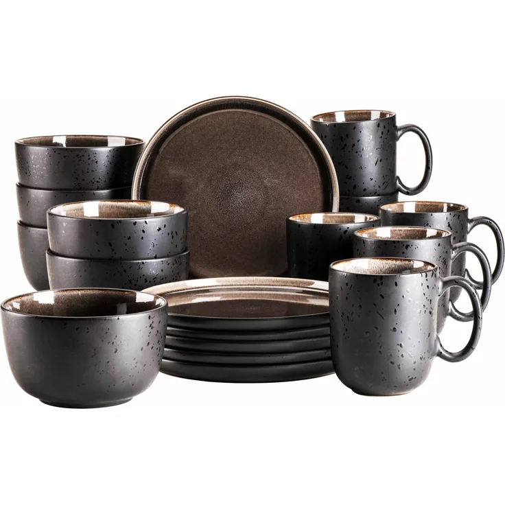 Modernes Geschirr Set für 6 Personen in aufregendem Vintage Look, 18-teiliges Frühstücksgeschirr Service aus Keramik in Grau und Schwarz