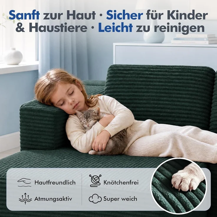 COMHOMA Ecksofa mit Schlaffunktion, 228cm Corduroy Modulares Boneless Couch mit Chaiselongue & Rücken-Metallgestell, L-Form Schlafsofa mit offenem Design, Kissen & Seitentaschen,für Wohnzimmer, Grün-R – Bild 13