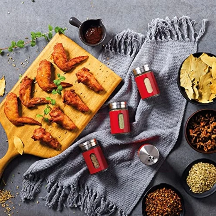 Praknu Salzstreuer 12 Gewürzdosen Rot I Gewürzstreuer Edelstahl Set 80ml, (Set, 12-tlg), Mit Sichtfenster und 3fach Streuregulierung - Gewürzgläser für Gewürze – Bild 6