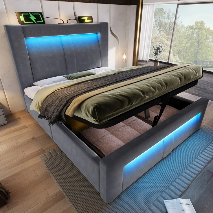 Einzelbett Samt mit Stauraum, LED & USB-Anschluss, 90x200 cm, Grau, ohne Matratze – Bild 1