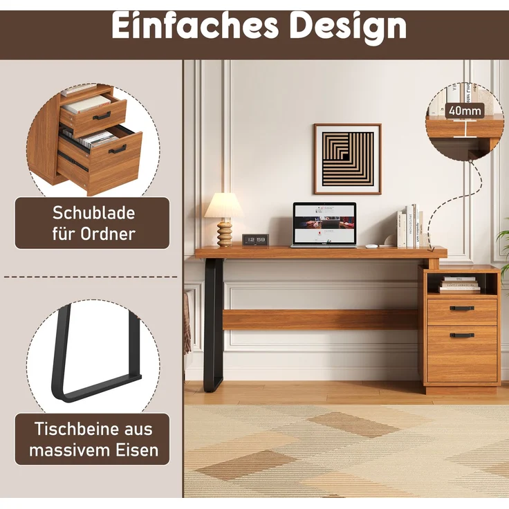 Flieks Schreibtisch 161 x 54 x 76.4 cm mit offenem Ablagefach, geräuscharmer Schublade und Stahlgestell, Walnussfarben – Bild 6