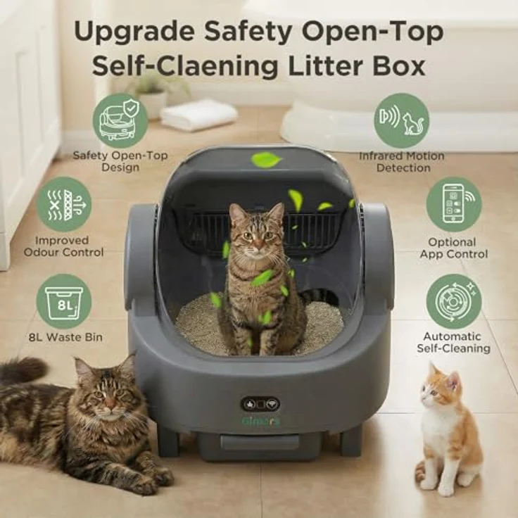 Gimars Selbstreinigende Katzentoilette mit offenem Design, Automatisches Katzenklo für mehrere Katzen & Senioren, App-Steuerung mit Sicherheitssensoren, Geruchsarm, inkl. Müllbeutel & Streumatte – Bild 7