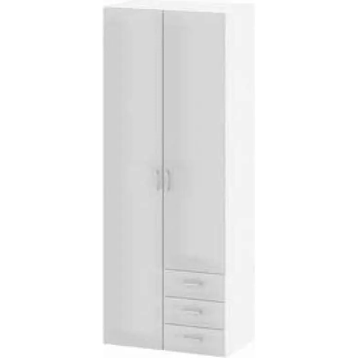 Weiß glänzender Kleiderschrank mit zwei Türen und drei Schubladen, 77,6 x 200,4 x 49,5 cm