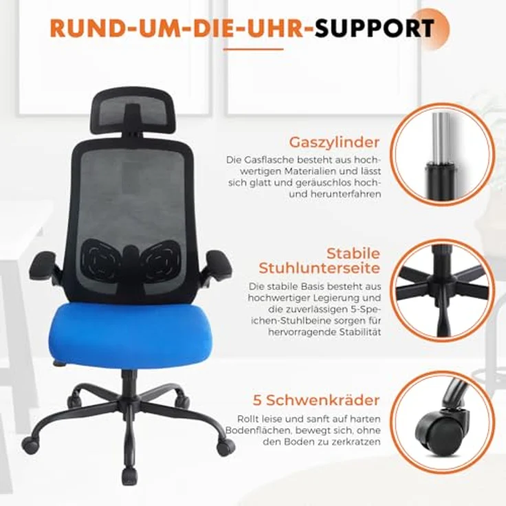 Sweetcrispy Ergonomischer Bürostuhl mit Kopfstütze & verstellbaren Armlehnen – höhenverstellbar, 360° drehbar, Gaming & Schreibtischstuhl für Homeoffice & Büro, Schwarz/Blau – Bild 9