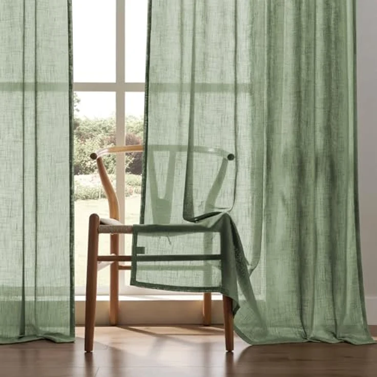 Joydeco Leinen-Vorhänge für Wohnzimmer, 183 cm Länge, 2 Paneele, halbtransparente Vorhänge, 183 cm lang, Quetschplissieren, Lange Fenstervorhänge und Vorhänge (B 132 x L 183 cm, Loden) – Bild 5