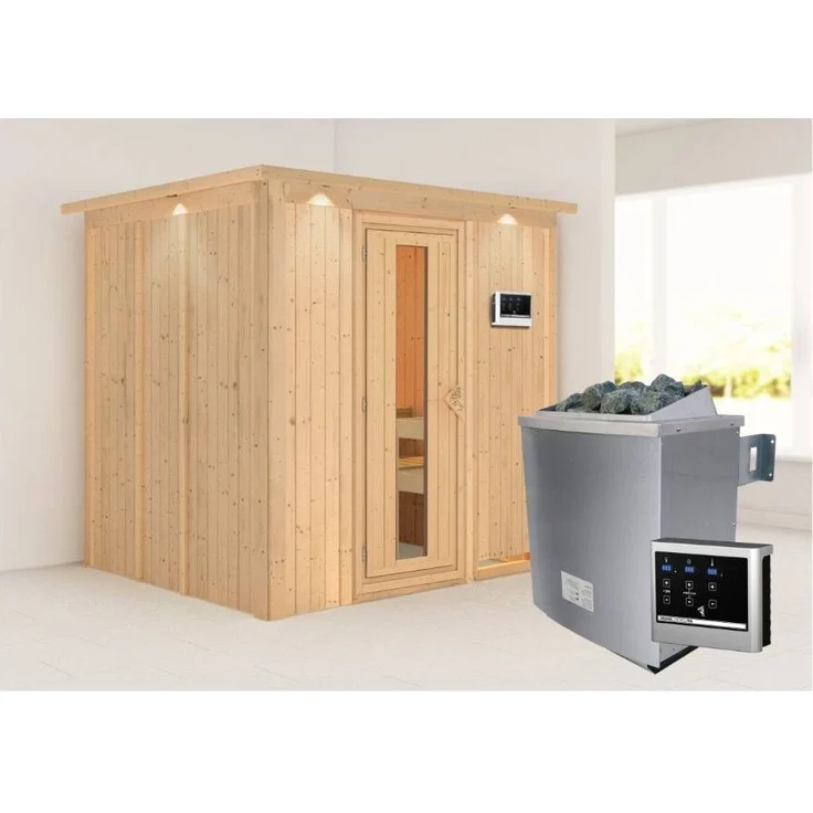 Karibu Sauna Sodin mit Dachkranz + 9kW Saunaofen mit ext. Steuerung Easy Klarglas Ganzglastür – Bild 2