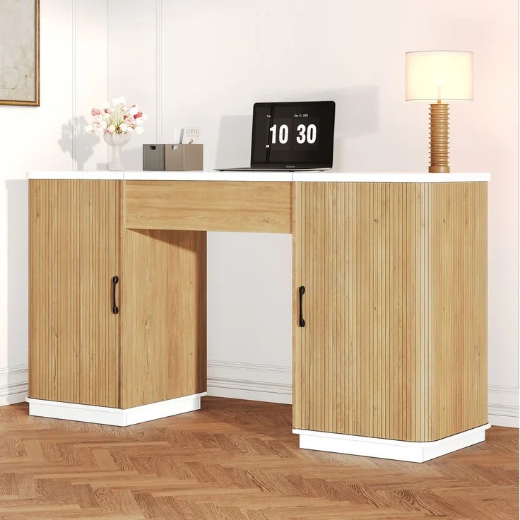 Schreibtisch 140×50×92 cm, manuell höhenverstellbar, mit 2 Schubladen und 2 offenen Fächern – Bild 2