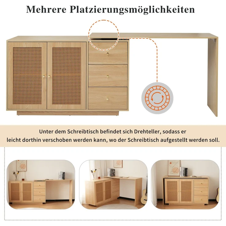 Schreibtisch aus MDF mit 360°-Schwenkfunktion und Stauraum, 126 cm, Naturholzfarben – Bild 7