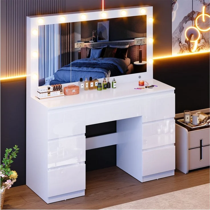 Furnicopia Schminktisch Großer verspiegelter Schminktisch mit sieben Schubladen (Abmessungen: 120 × 40 × 140 cm, 2 Steckdosen, 1 USB-Anschluss, 1 Typ-C-Anschluss. Spiegeldurchmesser: 106 cm. Inklusive Schmuckschrank mit speziellen Fächern für Halskette... – Bild 2