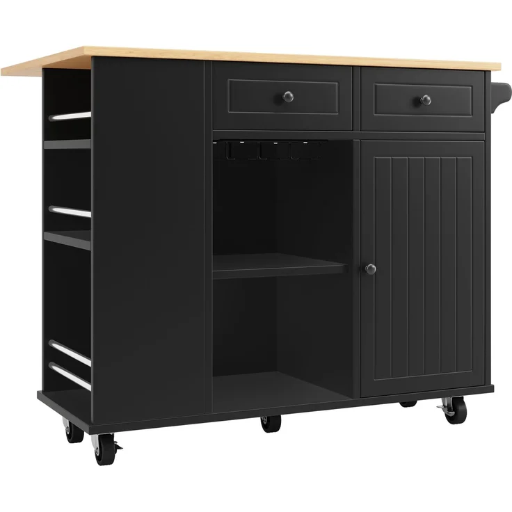 Merax Kücheninsel mit herausnehmbaren Trennwänden, Küchenschrank, Esszimmerwagen mit Arbeitsplatte, Buffetschrank, Esszimmerwagen mit Holzmaserung, ausgestattet mit Snackhalter und Weinglasregal, schwarz – Bild 9