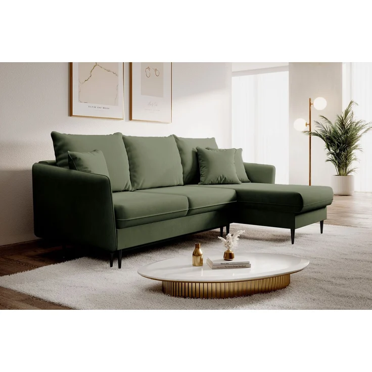 Selsey 'Volio ' Ecksofa mit Schlaffunktion, Samt wasserabweisend, Universal, Füße Schwarz, Salbeigrün – Bild 3