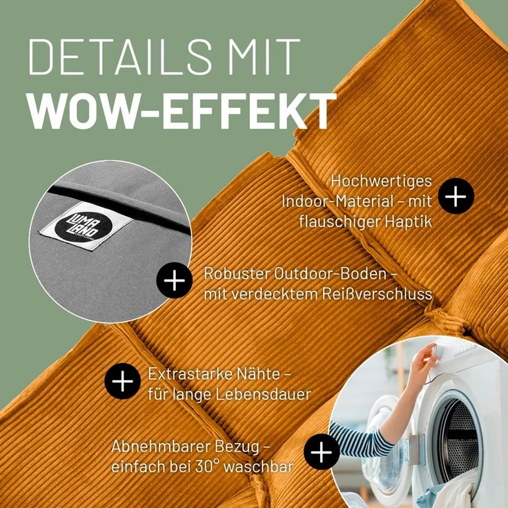 Lumaland Sitzsack-Sofa, Polyester, Mittelteil, Cord - Senfgelb, 70 x 81 x 54 cm – Bild 6
