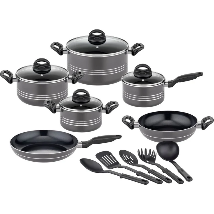GSW Topf-Set Milano Nero, Aluminium (Set, 15-tlg, je 1 Kochtopf 16/20/2 cm, 1 Stielkasserolle 16cm, je 1 Pfanne 24/28cm), Induktion, inkl. 5-teiliges Küchenhelfer-Set – Bild 4