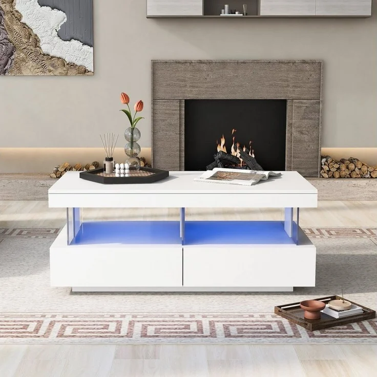 BlingBin Couchtisch Sofatisch Mit LED-Beleuchtung, Teetisch Kaffeetisch (Couchtisch, 1-St, 100 x 60 x 49.5cm Beistelltisch, Tisch, Mit zwei Schubladen), Wohnzimmertisch,Langlebige, kratzfeste und glatte Tischplatte – Bild 2