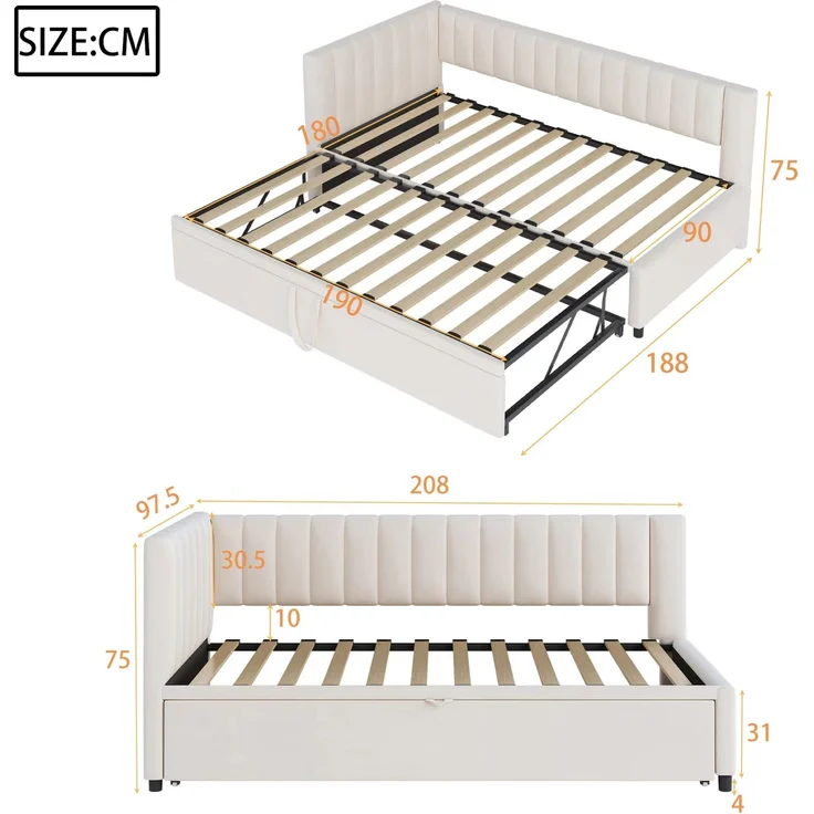 Multifunktionales L-förmiges Schlafsofa mit Ausziehbett 90/180*200cm, Polsterbett in Samtstoff, platzsparendes Design für Kinderbett, Gästebett Beige – Bild 10