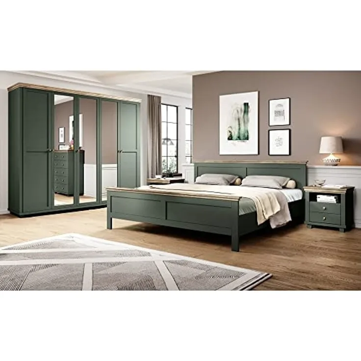 Lomadox Schlafzimmer-Set EPSOM-83, (Spar-Set, 4-tlg), Doppelbett Liegefläche 180x200 cm in grün mit Lefkas Eiche Nb.