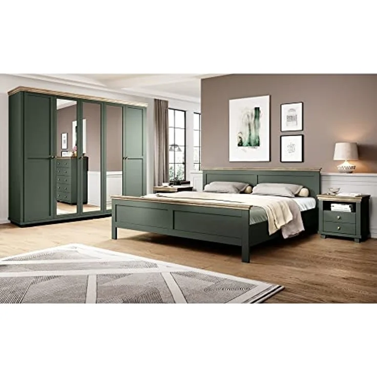Lomadox Schlafzimmer-Set EPSOM-83, (Spar-Set, 4-tlg), Doppelbett Liegefläche 180x200 cm in grün mit Lefkas Eiche Nb. – Bild 1