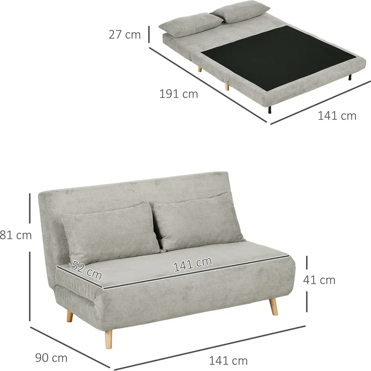 Wohnora-Schlafsofa, Klappbett mit Bettfunktion, Rückenkissen, Polstersofa mit Verstellbarer Rückenlehne, Samtoptik, 141 x 90 x 81 cm, Grau,H 81cm x T 141cm x B 90cm – Bild 1