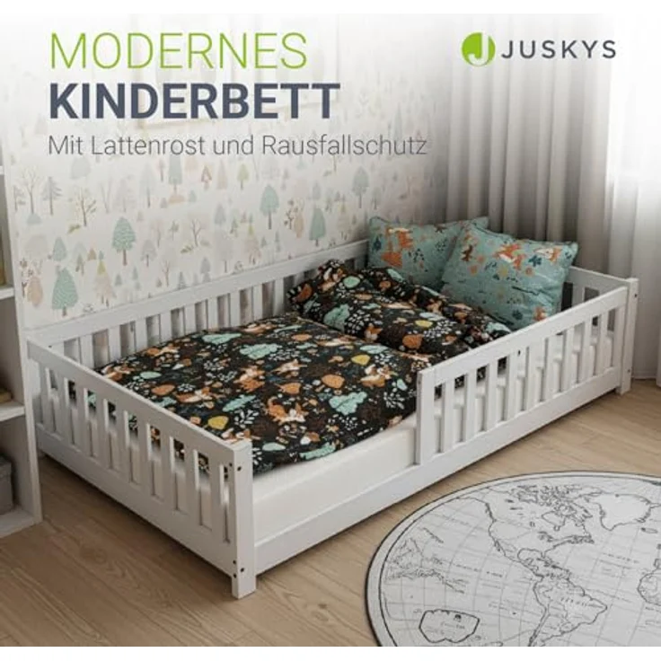 Juskys 'Naya' Kinderbett - mit Rausfallschutz & Lattenrost - Bodenbett für Kinder 3 -10 Jahre - modern, Holz Weiß, 140x200 cm – Bild 7