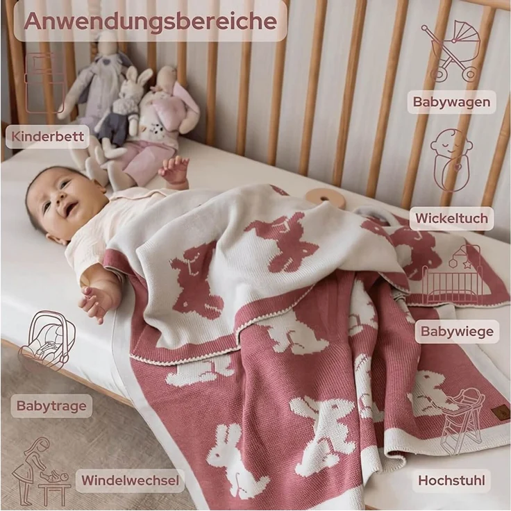 Babydecke Baby Strickdecke, Babydecke, Weich & Atmungsaktiv, 80x100cm Rosa Hasen, Little Dedi – Bild 2