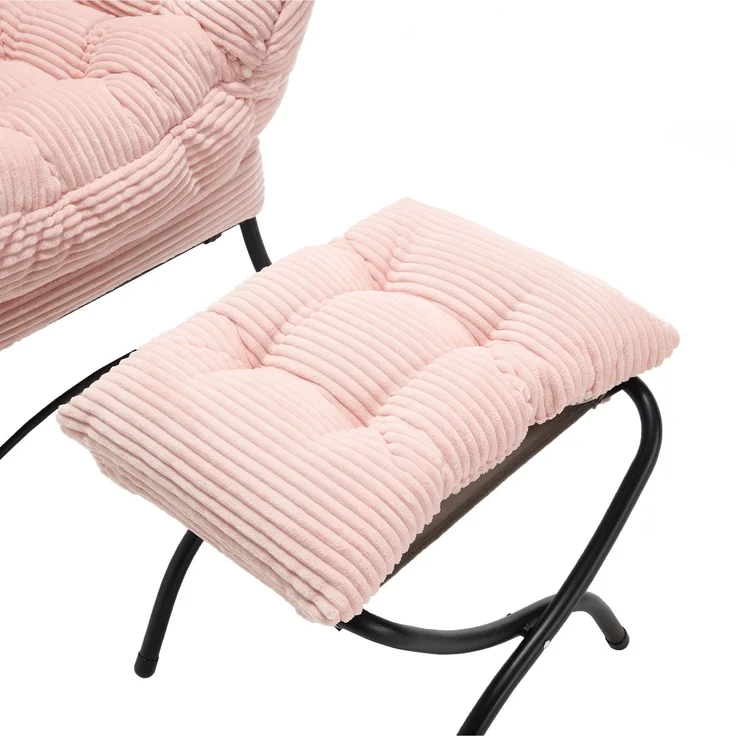 Flieks Loungesessel mit Hocker, ergonomischer Ohrensessel mit Stahlrahmen, weicher Cordstoff, Seitentasche, Rosa – Bild 10