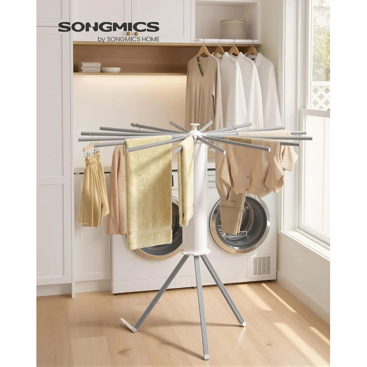 SONGMICS Wäscheständer klappbar, Ständer ausziehbar, platzsparend, drehbar, Balkon Waschküche, Aluminiumlegierungsarme, silbern – Bild 2