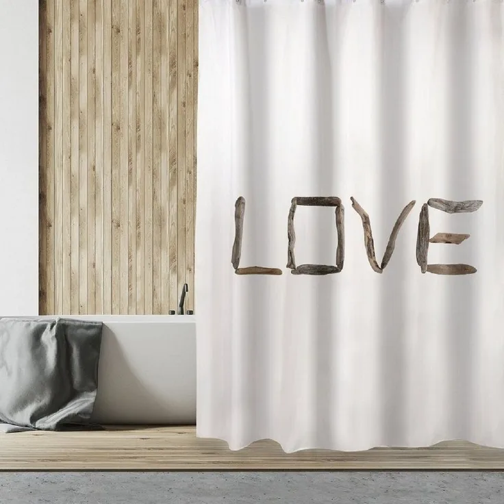 MSV Duschvorhang LOVE Breite 180 cm, Textil-Duschvorhang, 100% Polyester, wasserabweisend, Anti-Schimmel-Effekt, waschbar 30°, angesagter Shabby Look, Farbe weiß / braun, 180x200 cm
