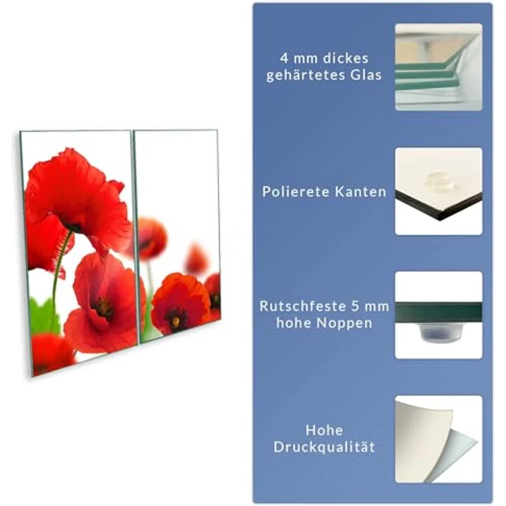 Herdabdeckplatte Abdeckung Ceranfeld Abdeckplatte Schneidebrett 2-Teilig 60x52 Mohnblume Rot Spritzschutz Glasplatte Ceranfeldabdeckung Schutz Herdschutz Sicherheitsglas Glasschneidebrett 2 x 30 x 52 – Bild 9