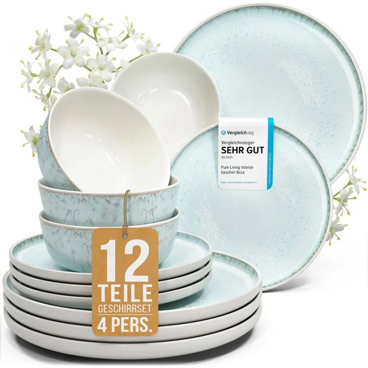 PURE LIVING INTERIOR DESIGN Geschirr-Set Ibiza aus Steingut, 12-tlg, für 4 Personen, Beige Blau (12-tlg), 4 Personen, Steingut – Bild 1