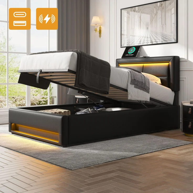 Merax Polsterbett LED Einzelbett 90x200cm mit USB-Anschluss und hydraulischem Stauraum, schwarz – Bild 3