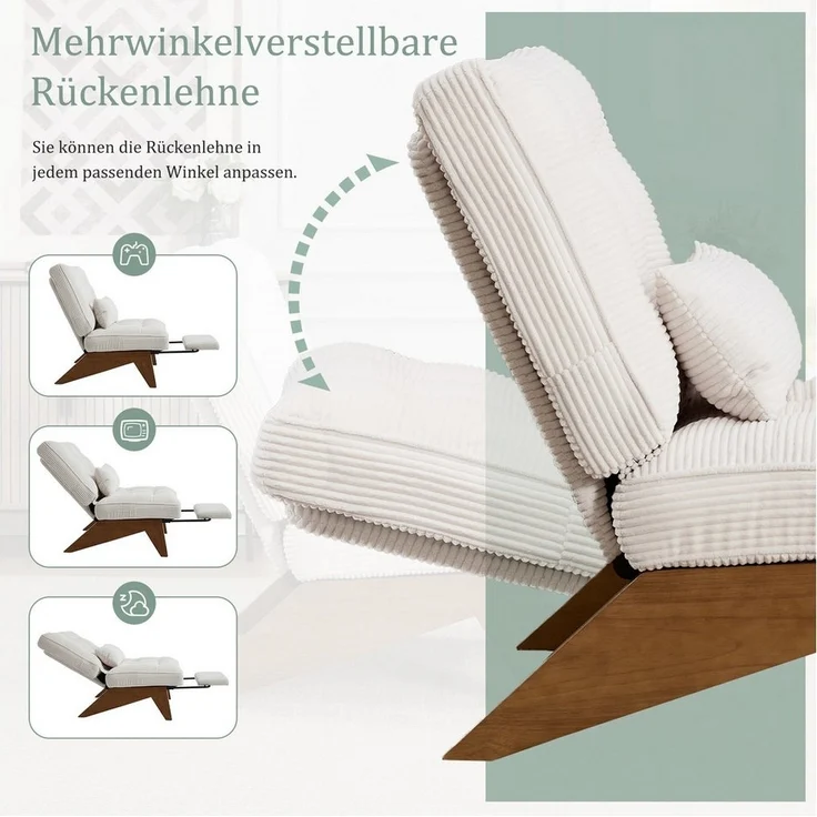 LVHOM Relaxsessel verstellbarer Loungesessel mit Fußstütze & Lendenkissen, Holzrahmen (Atmungsaktive Cord-Stoff, verstellbare Rückenlehne, integrierte ausziehbare Fußstütze, Seitentaschen. Inklusive farbig abgestimmtem abnehmbarem Lendenkissen, bis 220... – Bild 3