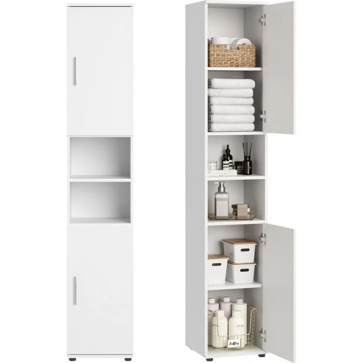 Home Collective Badkommode Badezimmerschrank Hochschrank 6 Fächer – robust & pflegeleicht, 35x35x187 cm (BxTxH), Weiß, 2 Türen, vielseitig & kompakt – Bild 1