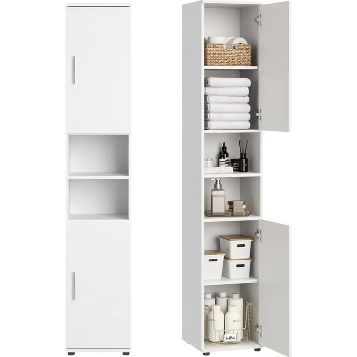 Home Collective Badkommode Badezimmerschrank Hochschrank 6 Fächer – robust & pflegeleicht, 35x35x187 cm (BxTxH), Weiß, 2 Türen, vielseitig & kompakt