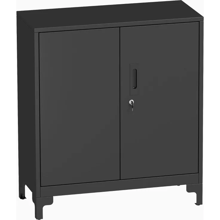 Büroschrank aus Metall, verschließbare Türen, Bürokommode, 2-stufiges Design, Schwarz--Schwarz--80x35x91cm--YOUDENOVA
