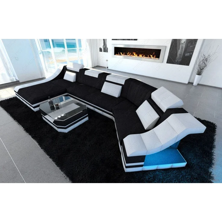Polster Wohnlandschaft Turino C-Form mit LED - Mikrofaserstoff - Schwarz-Weiß - Links – Bild 6