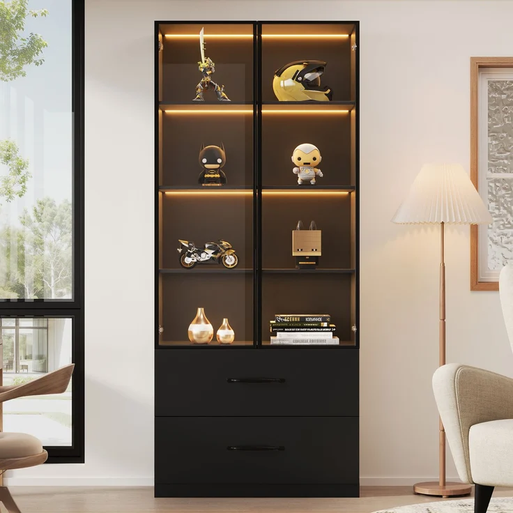 ZUBALIYA LED-Vitrine 60×40×160 cm - Glasvitrine, Bücherregal und Multifunktionsschrank mit Beleuchtung und Schubladen, mit Aluminiumrahmen, Hartglastüren und sanft schließenden Scharnieren, mehrfarbige LED – Bild 2