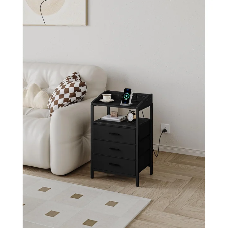 Nachttisch 2er Set, mit LED-Leuchten und Ladestation, Beistelltisch mit 3 Stoff-Schubladen und Regalen, mit USB-Anschlüssen & Steckdosen, für Schlafzimmer, Wohnzimmer, Schwarz – Bild 1