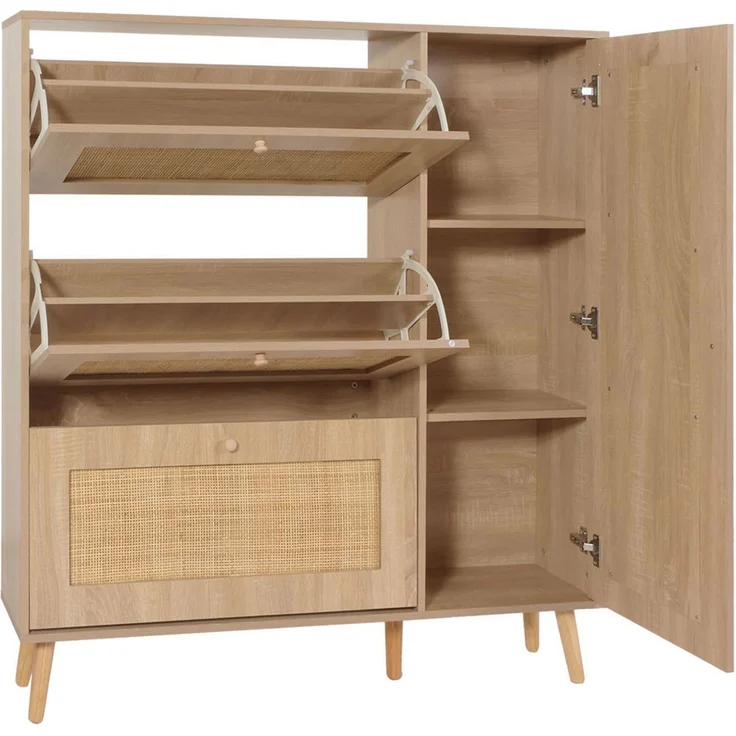 Rattan-Schuhkipper HWC-M37, Schuhregal Schuhschrank, 3 Kippfächer 2 Regalböden 127x120x24cm Holz Melamin ~ Eiche-Optik – Bild 8